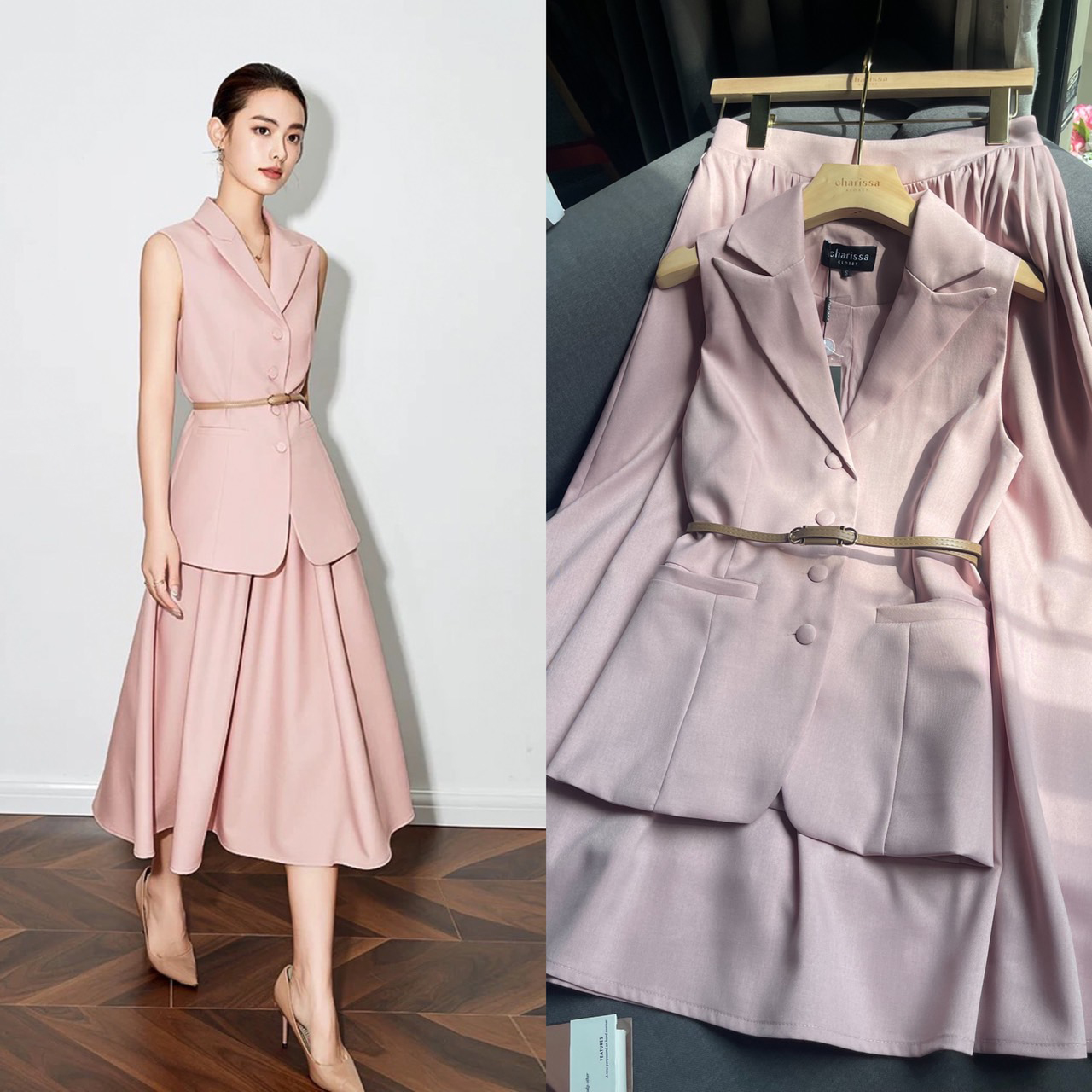 kudapy เซ็ทเสื้อแขนกุดมาพร้อมกับกระโปรงทรงยาว เสื้อเก็บทรงสวย แต่งปกสูทกระดุมปั้มติดได้จริง