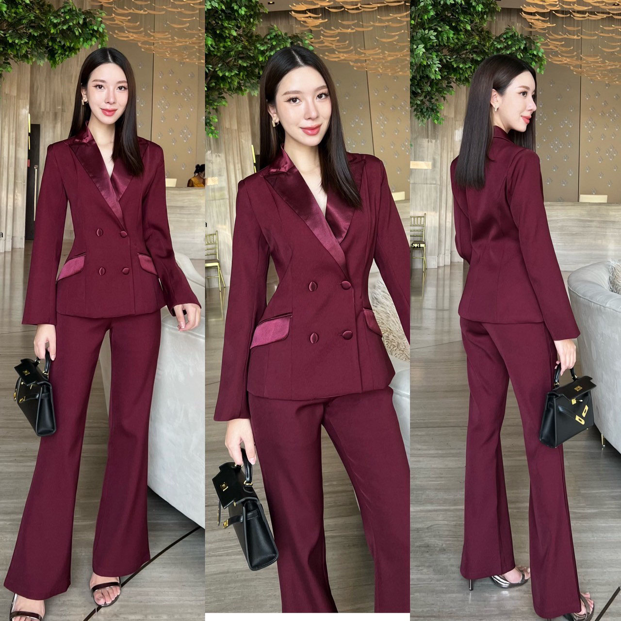 kudapy set เสื้อเบเซอร์และกางเกงขายาว เรียบหรู เสื้อสูทแต่งปกผ้าเงาให้ดูเด่น ออกแบบกระเป๋าให้ใช้งานได้จริง ตัวกระดุมใช้ผ้าเดียวกับปกเสื้อ