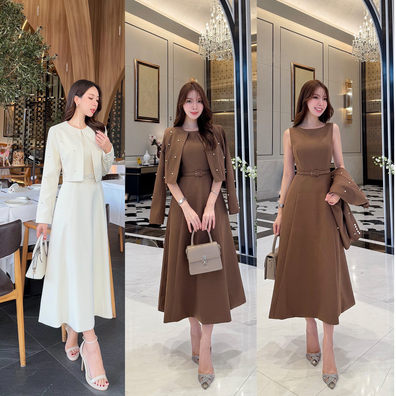 kudapy เซ็ท 3 ชิ้น เดรสออกมาให้เข้ารูปเอวสูง มีฟองน้ำในตัว ซิปด้านหลัง เสื้อครอปสวยหรูด้วยการตกแต่งไข่มุก มีตะขอติดเสื้อให้ ครอปมีรองบ่าบางๆ