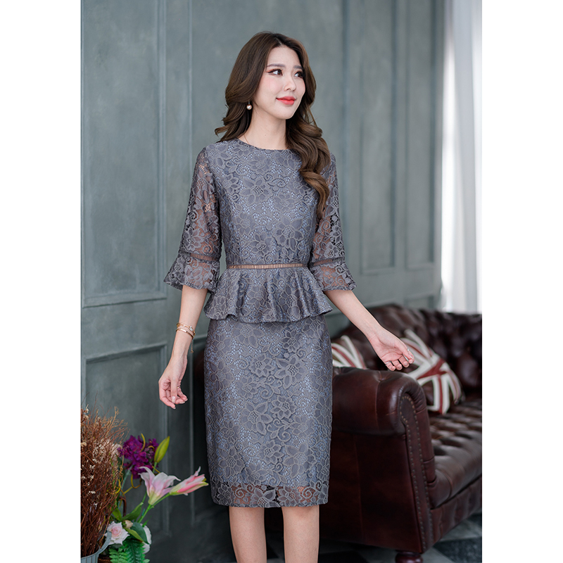 kudapy เดรสสั้นสีเขียว/สีเทา ลูกไม้ผ้านุ่มนิ่ม งานผ้าลูกไม้เนื้อหนานุ่มใส่สบาย งานผ้าลายสวยเรียบหรู