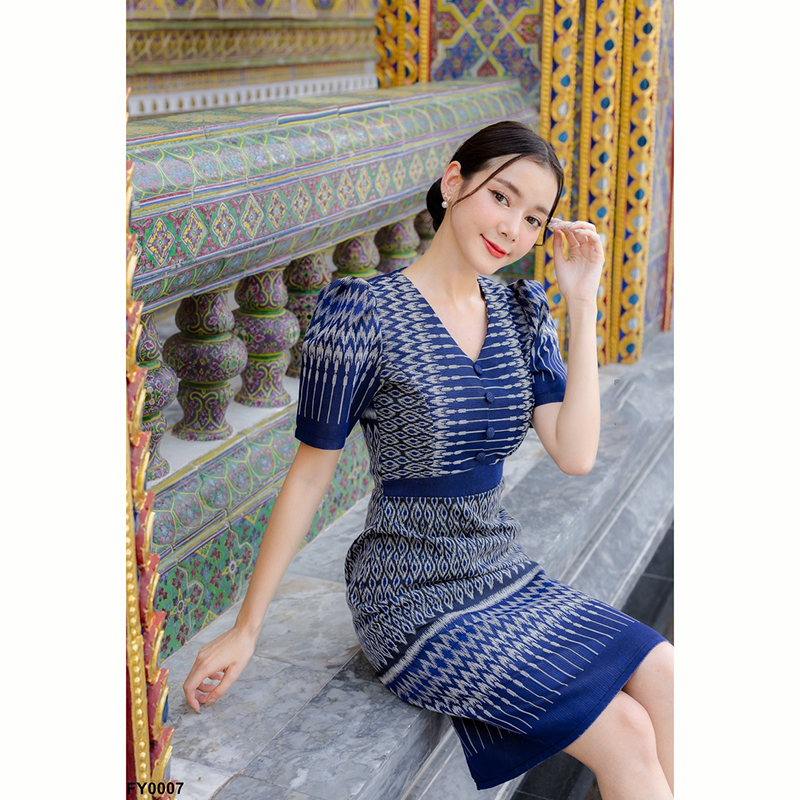 kudapy เดรสสั้นสีกรม/สีชมพู/สีเหลือง ผ้าทอไทยประยุกต์ งดงามแบบฉบับหญิงไทยสมัยใหม่ ดูน่ามอง คอวี ทรงสวย เรียบร้อย สีละมุน