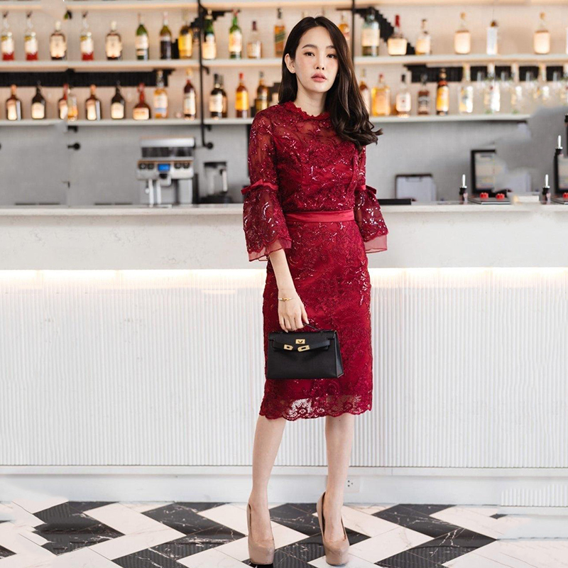 kudapy ชุดไทยประยุกต์ ชุดไปงานบวชสีชมพู/สีแดง เซตเสื้อลูกไม้