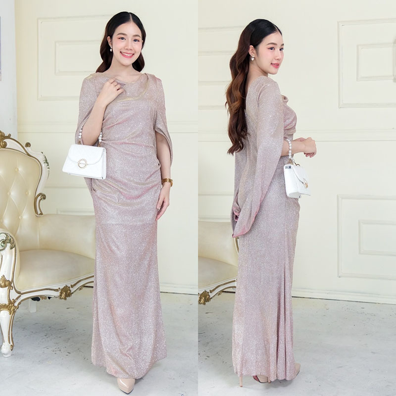 kudapy เดรสยาวสีชมพู/สีเงิน/สีทอง/สีดำ/สีม่วงแดง/สีนำ้เงิน แขนถ่วง คอปาด ใส่เปิดบ่าได้ ทรงเข้ารูป ผ่าหลัง รุ่นนี้หรูหรามา