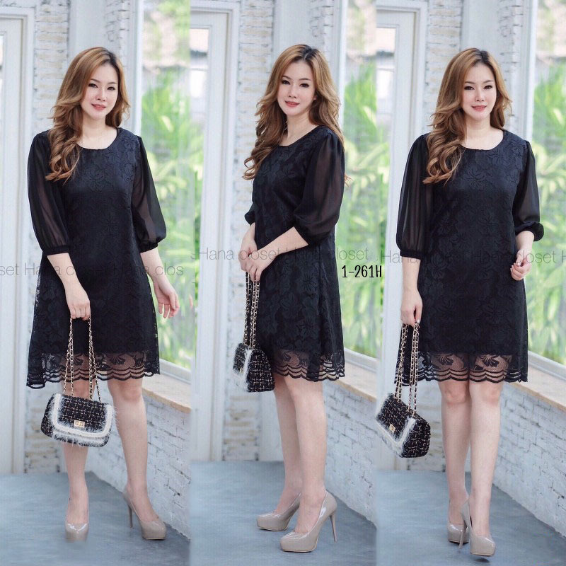 kudapy เดรสสั้นผ้าลูกไม้คอกลม แขนชีฟร็องสามส่วน ทรงเอ ผ้าลูกไม้เนื้อนิ่ม ใส่สบาย มีซับทั้งชุด