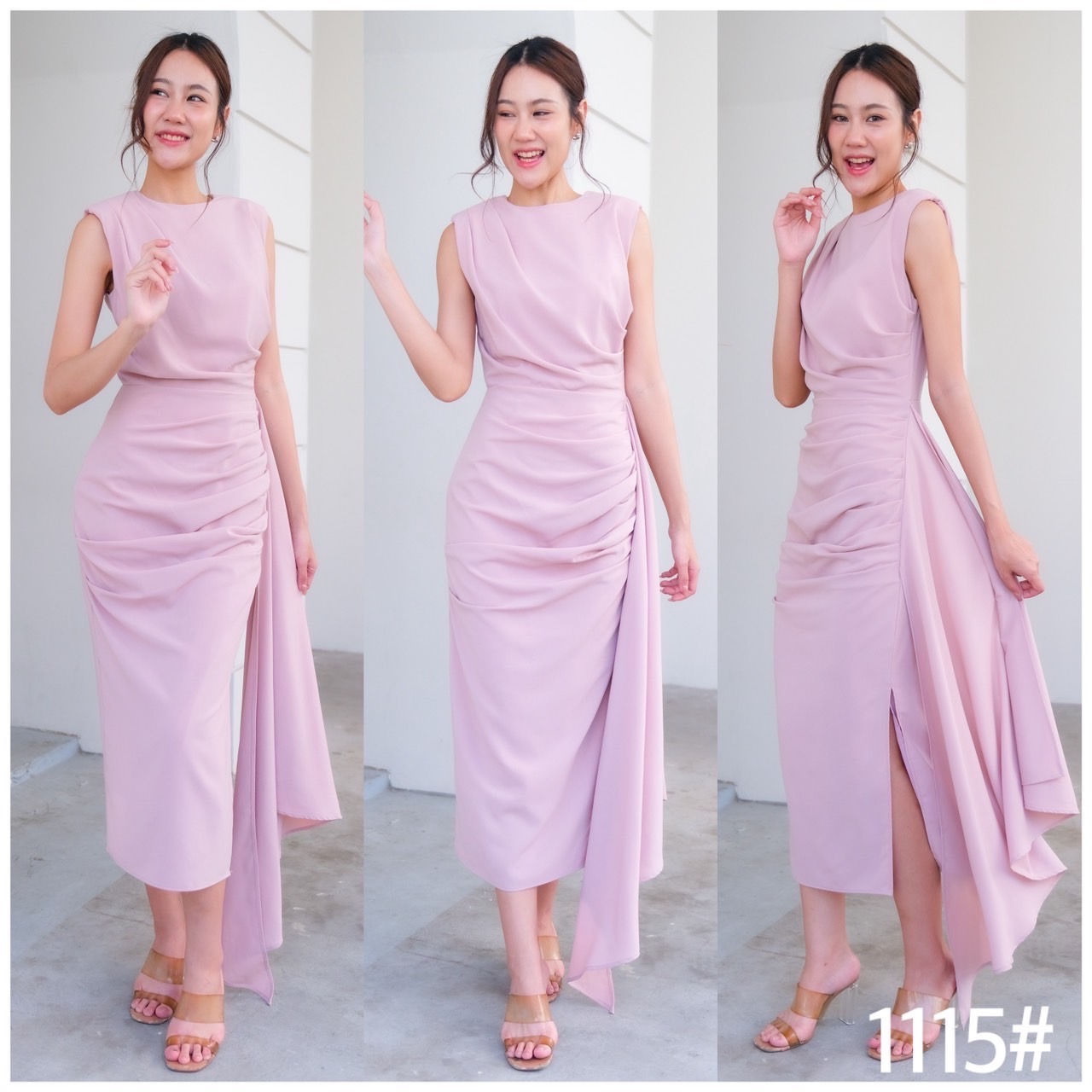 kudapy เดรสยาว ออกงานสุดพริ้ว แขนกุด ซิปหลังยาว บ่าเสริมฟองน้ำ กระโปรงสอบจับจีบเดรป ทิ้งชาย ผ่าด้านข้าง