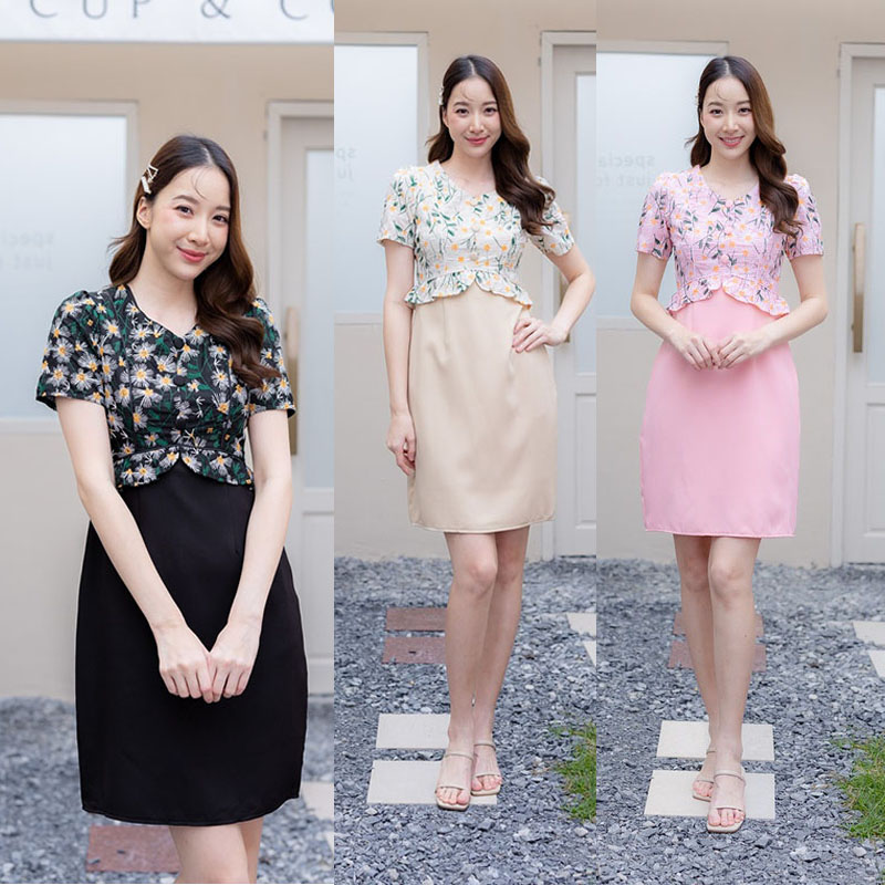 kudapy เดรสสั้นสีชมพู/สีดำ/สีครีม เดรสกั๊กท่อนบนปักดอกเดซี่ ใส่สบาย สวยดูดีน่ารัก