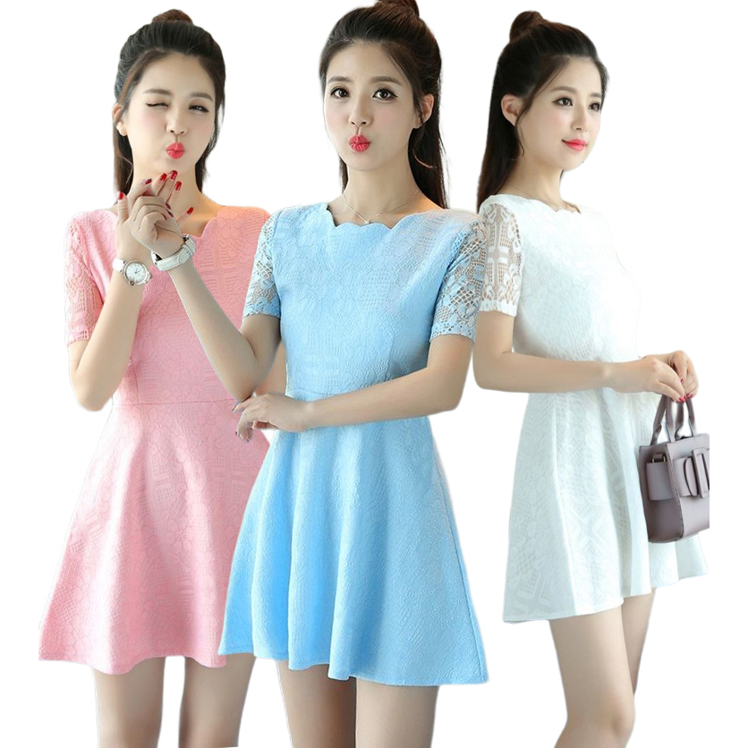 kudapy มินิเดรสสั้นคอกลมสีฟ้า/สีขาว/สีชมพู คอกลมแต่งหยัก แขนซีทรู ผ้าพริ้วมากค่ะรุ่นนี้