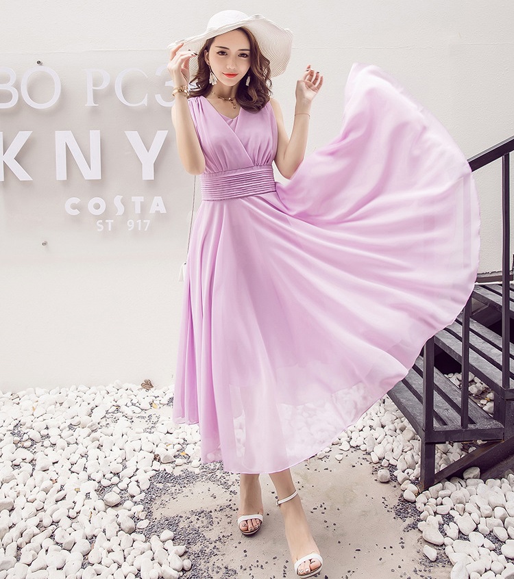 kudapy แม็กซี่เดรสยาวคอวีสีชมพูโอรส/สีม่วง/สีขาว/สีเขียวเข้ม/สีน้ำเงินสด เดรสยาวแขนกุด ผ้าชีฟองทิ้งตัว พริ้วมากค่ะรุ่นนี้ใส่ไปทะเล ไปงานได้น้าา