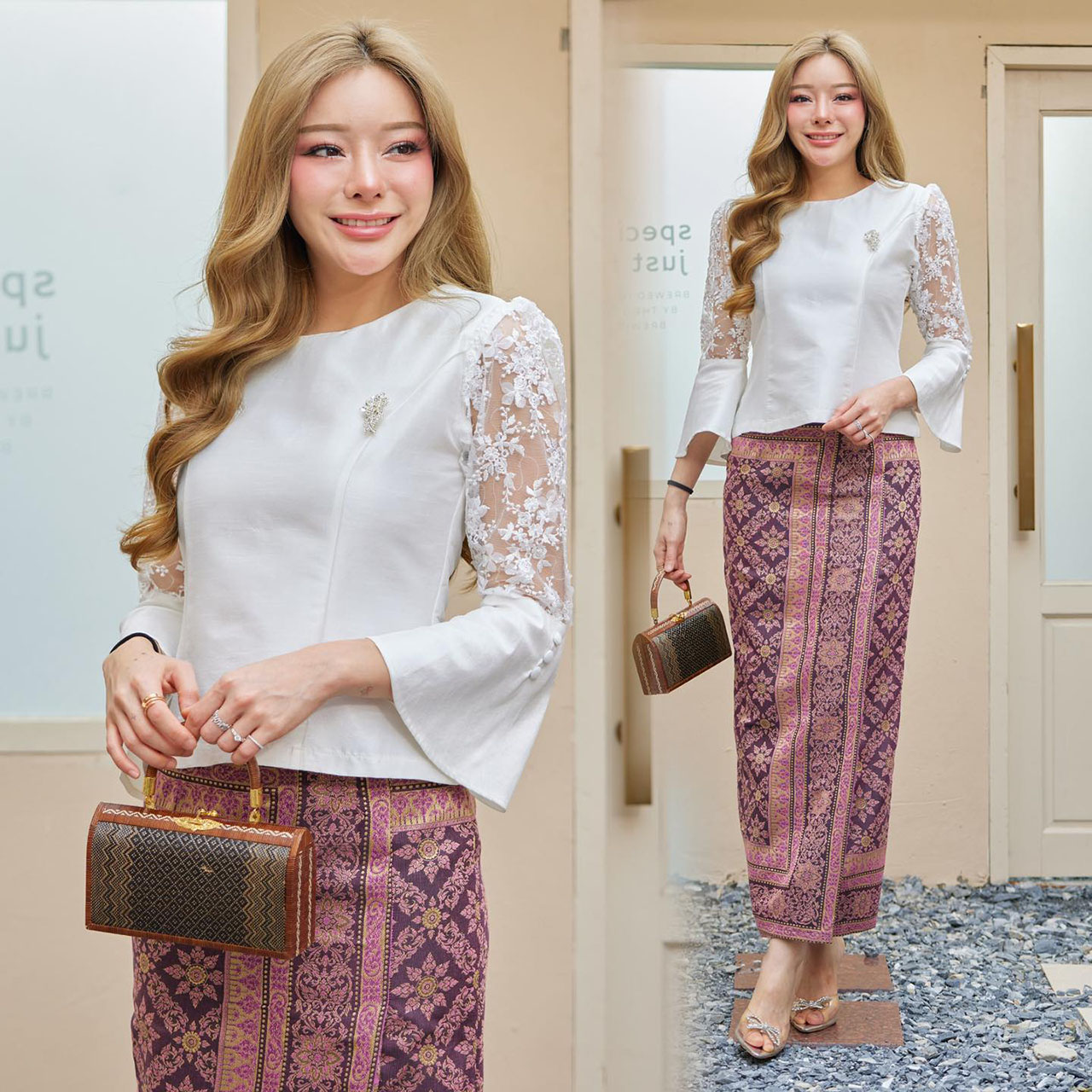 kudapy ชุดเซ็ทเสื้อสีขาวแขนยาวลายลูกไม้ตรงแขน ลูกไม้ฝรั่งเศส +ผ้าถุงสีน้ำเงินลายไทย ใส่ออกงาน สวยดูดี
