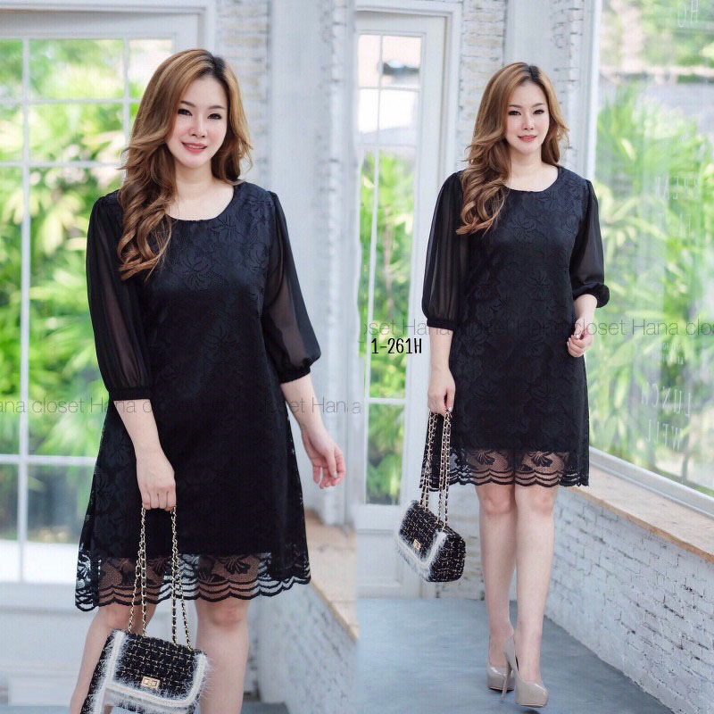 kudapy เดรสสั้นผ้าลูกไม้คอกลม แขนชีฟร็องสามส่วน ทรงเอ ผ้าลูกไม้เนื้อนิ่ม ใส่สบาย มีซับทั้งชุด