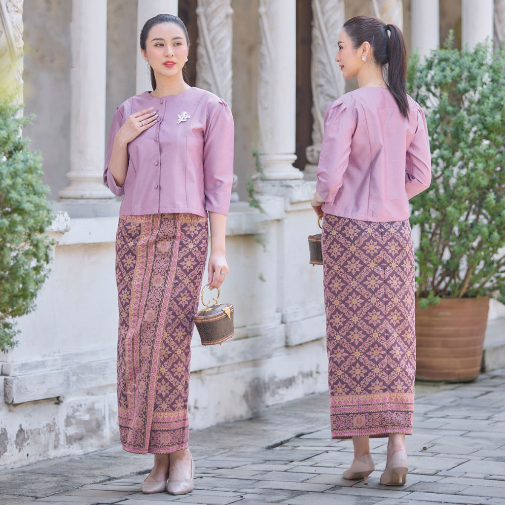kudapy ชุดเซ็ทผ้าไหม เสื้อผ้าไหมแพรทิพย์ (ชมพูกะปิ) ใส่ไปงานบุญงานวัดสวยดูดี