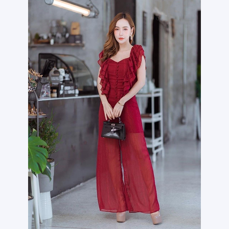 kudapy จั๊มสูทขายาวผ้าวิ๊งๆ แพทเทิ่นระบายช่วงแขนระบาย เนื้อผ้าใส่สบายๆ