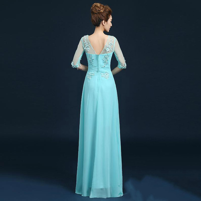 kudapy ชุดราตรียาวสีชมพู/ฟ้า แขนยาว แบบเรียบหรู แต่งลูกไม้เซาะดอก ปักลูกปัดมุก