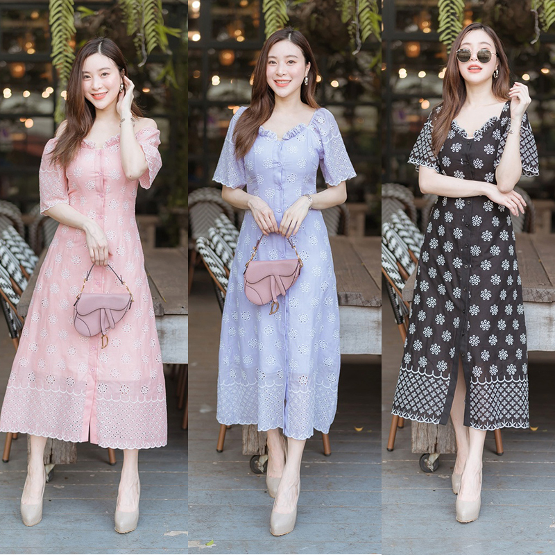 kudapy เดรสยาวสีม่วง/สีดำ/สีชมพู อกระบายกระดุมหน้ายาวลายดอกไม้