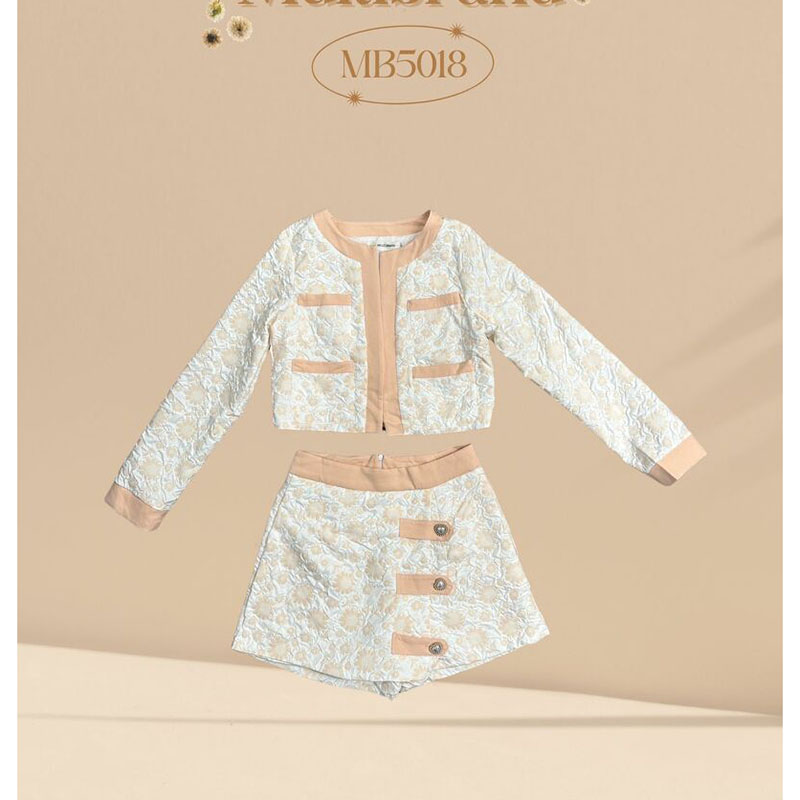 kudapy เซ็ทเสื้อแขนยาวสีครีม/สีเหลือง แต่งขอบมีกระเป๋า+กระโปรงกางเกง