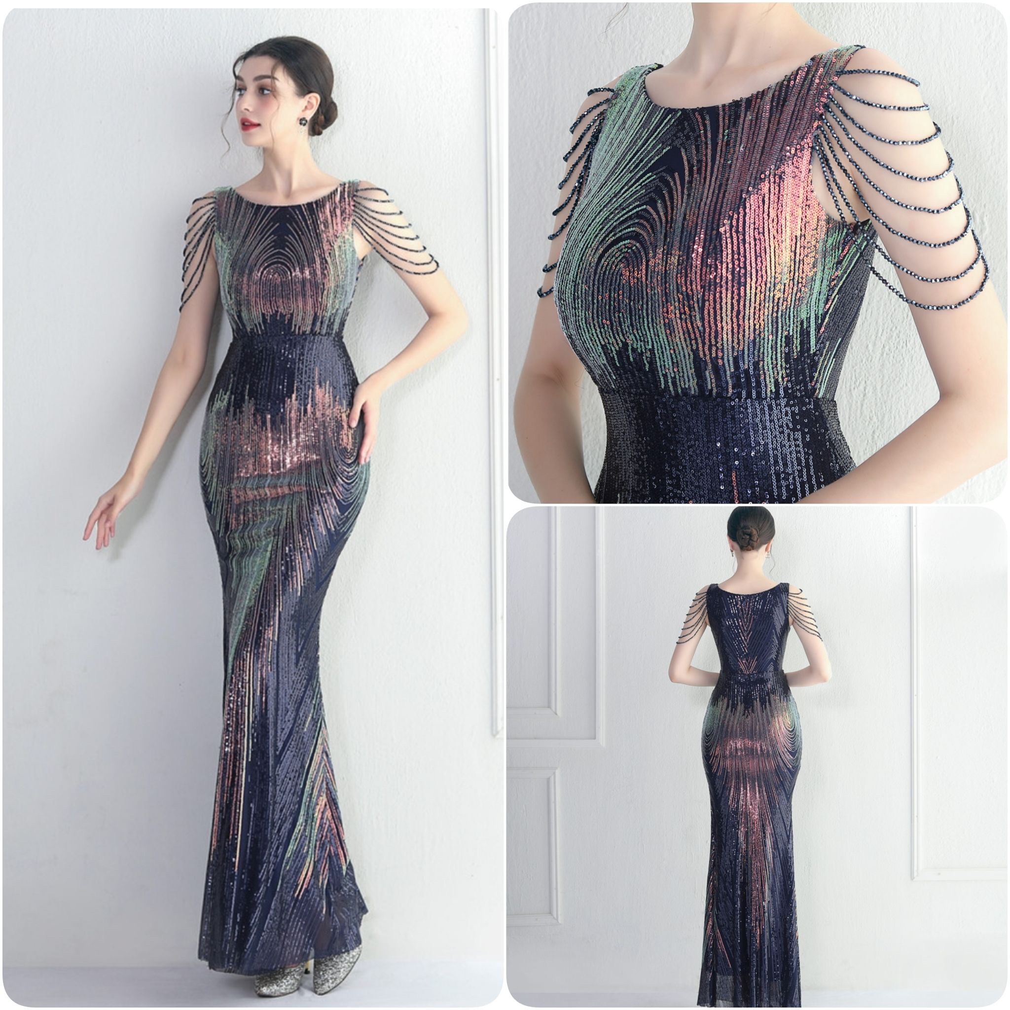 kudapy ชุดราตรียาวผ้ากริสเตอร์คอปาด แต่งลูกปัดที่ไหล่เพิ่มดีเทล สีดำ,โรสโกลด์,แดงไวน์,เขียว,สีน้ำเงิน,กรมท่า,ขาว ผ้าขยายได้ สวมเข้ารูป