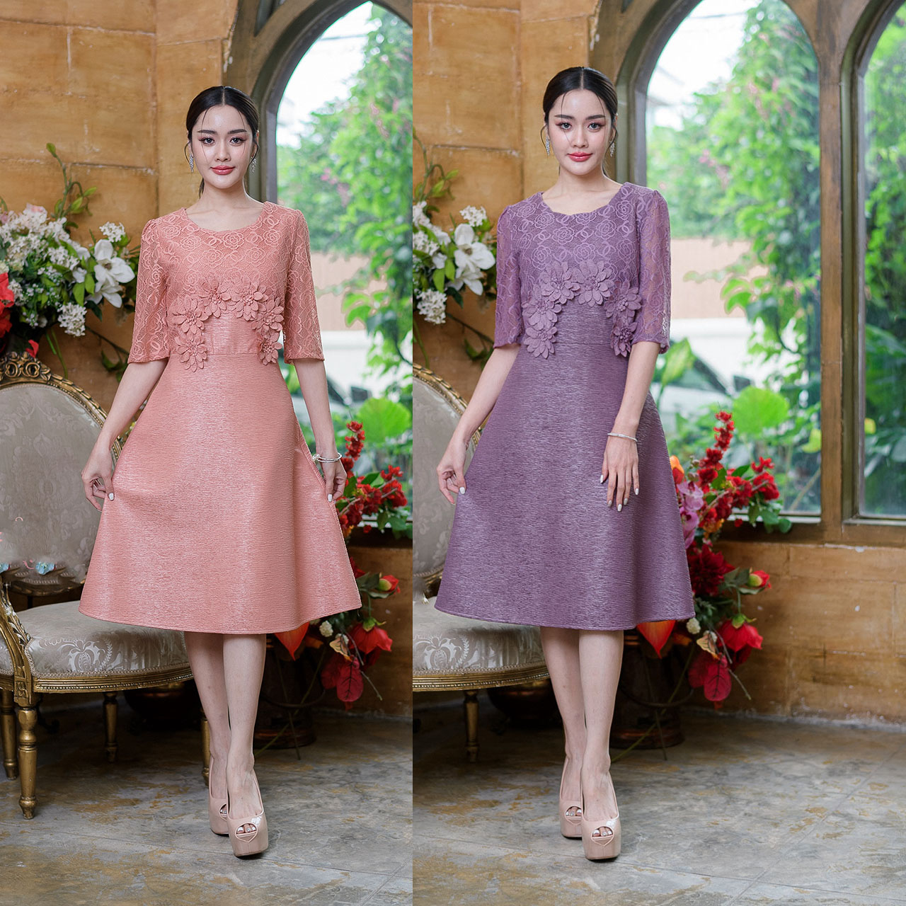 kudapy เดรสสั้นสีม่วง/สีชานม ดีไซน์สวยเก๋ ช่วงอกแต่งดอกไม้สวยมากๆ ผ้าสวย ทรงสวยหวาน งานดีมาก ถูกใจแน่นอน