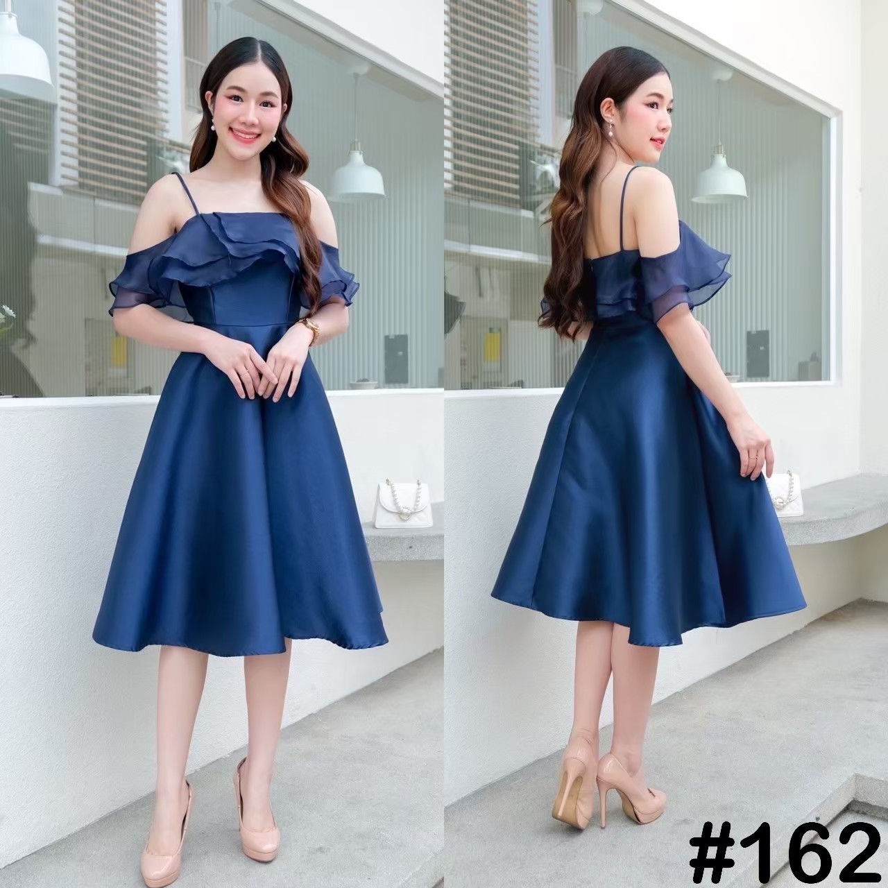 kudapy เดรสสั้นสายสปาเกตตี้ แต่งผ้าแก้วระบายไขว้อก สวยหวานพรางแขน กระโปรงทรงเอ