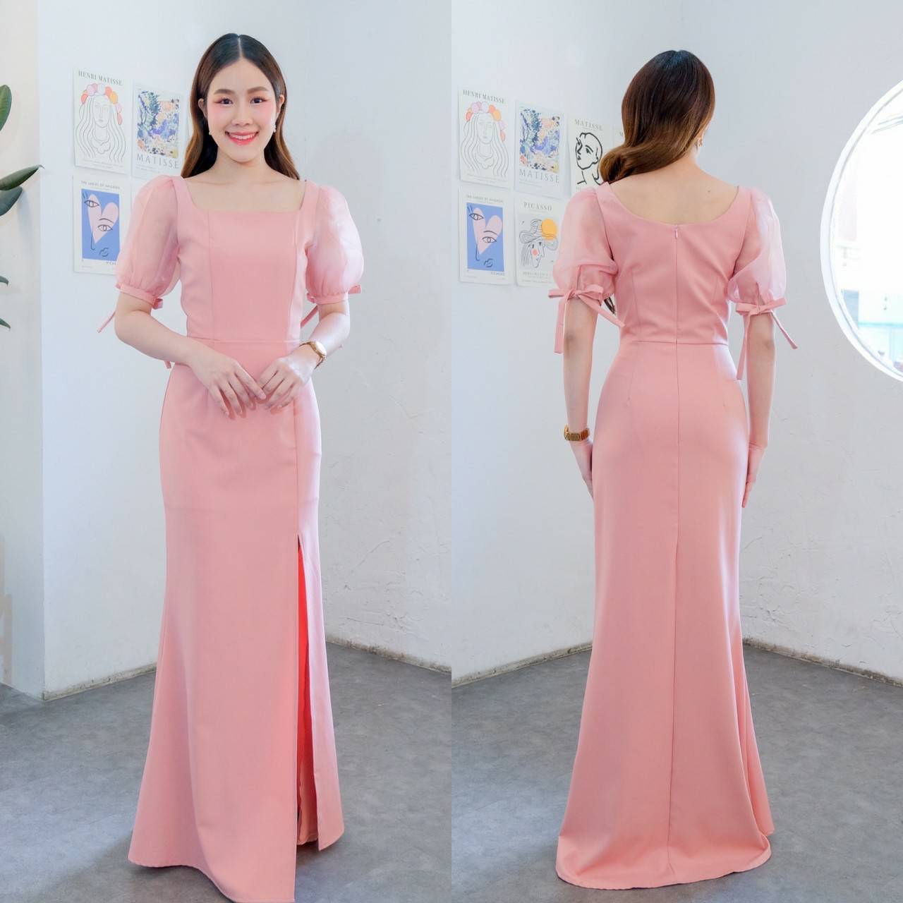 kudapy เดรสยาวสีน้ำเงิน/สีขาว/สีชมพูเข้ม/สีชมพูอ่อน/สีเขียวอ่อน/สีครีม เดรสยาวผ้าไหมซาติน แขนตุ๊กตาสั้นคอลูก ใส่เปิดไหล่ สวยดูดี เดรสออกงาน