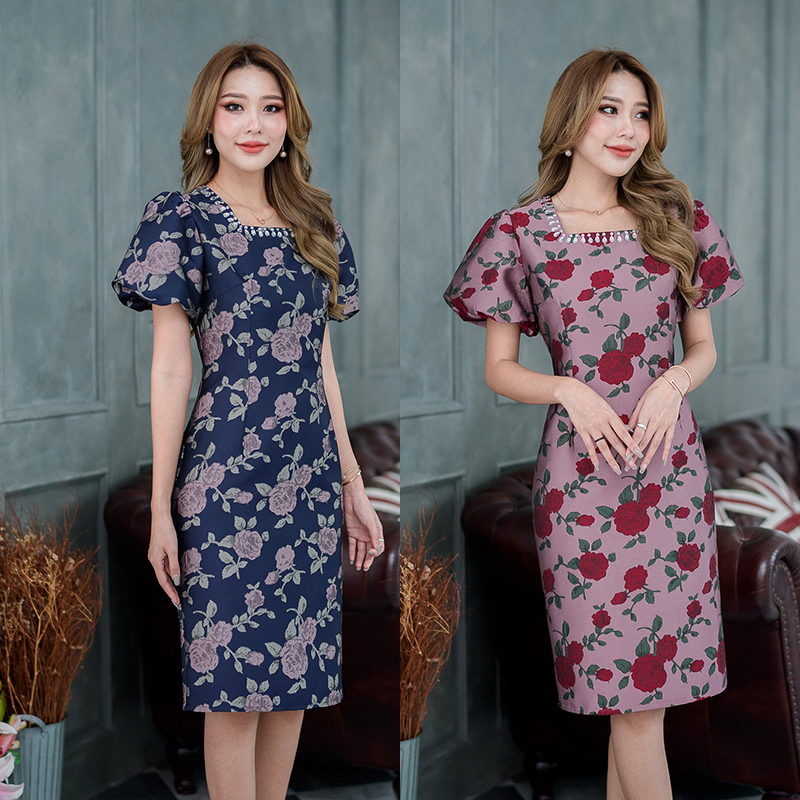 kudapy เดรสสั้นสีชมพูโรสโกล/สีกรม ลายผ้าโดดเด่นเนื้อผ้าดีลายสวยไม่แข็งกระด้างใส่สบาย