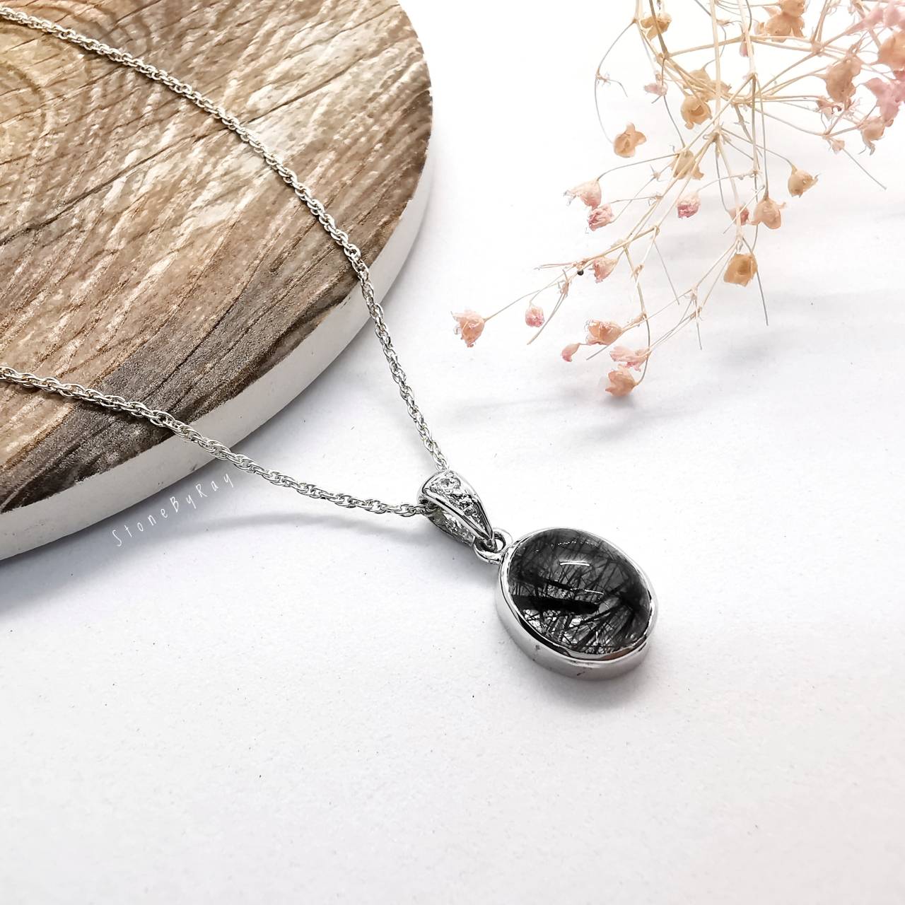 สร้อยคอเงินจี้หินไหมดำ Black Tourmaline Quartz