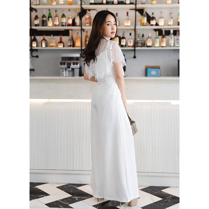 kudapy เซท 2ชิ้น เสื้อลูกไม้+กางเกงขายาว สีขาว/สีชมพู/สีฟ้า/สีทอง แต่งระบายอก