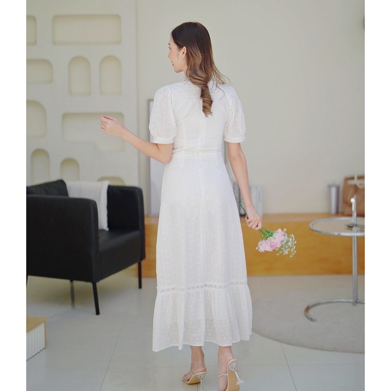 kudapy เดรสยาวสีขาว/สีชมพู เดรสออกงานผ้าฉลุแขนตุ๊กตา ใส่สบายสวยดูดีมากๆ