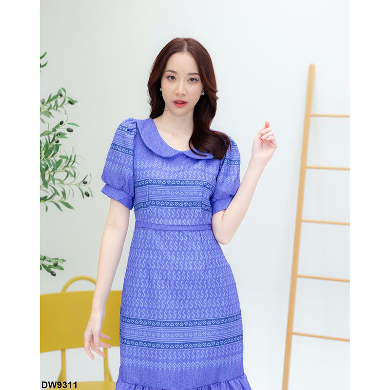 kudapy เดรสสั้นสีฟ้า/สีชมพู/สีเขียว ลายขอคอบัวชายระบาย