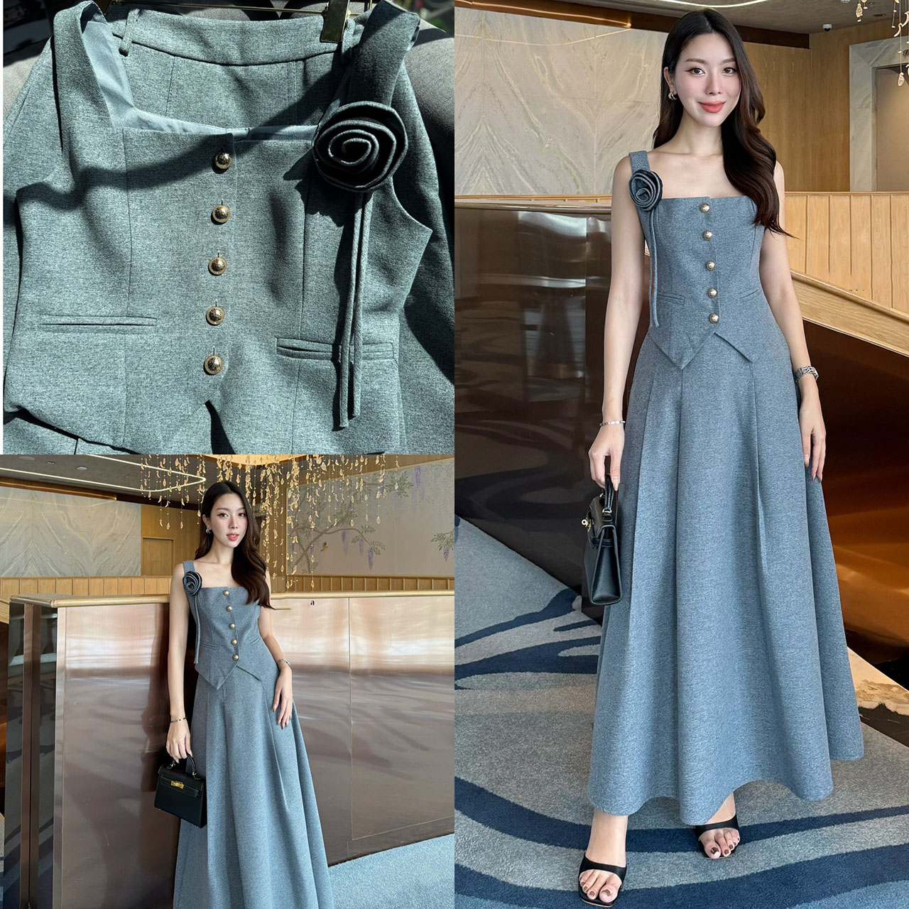 kudapy Set 3 ชิ้น : เสื้อแขนกุด+กระโปรง+เข็มกลัดดอกไม้ เซ็ทเสื้อแขนกุดมาพร้อมกระโปรงยาวทรงปล่อย เสื้อเป็นกระดุมจริง ตกแต่งกระเป๋าหลอกด้านหน้าซ้ายขวา