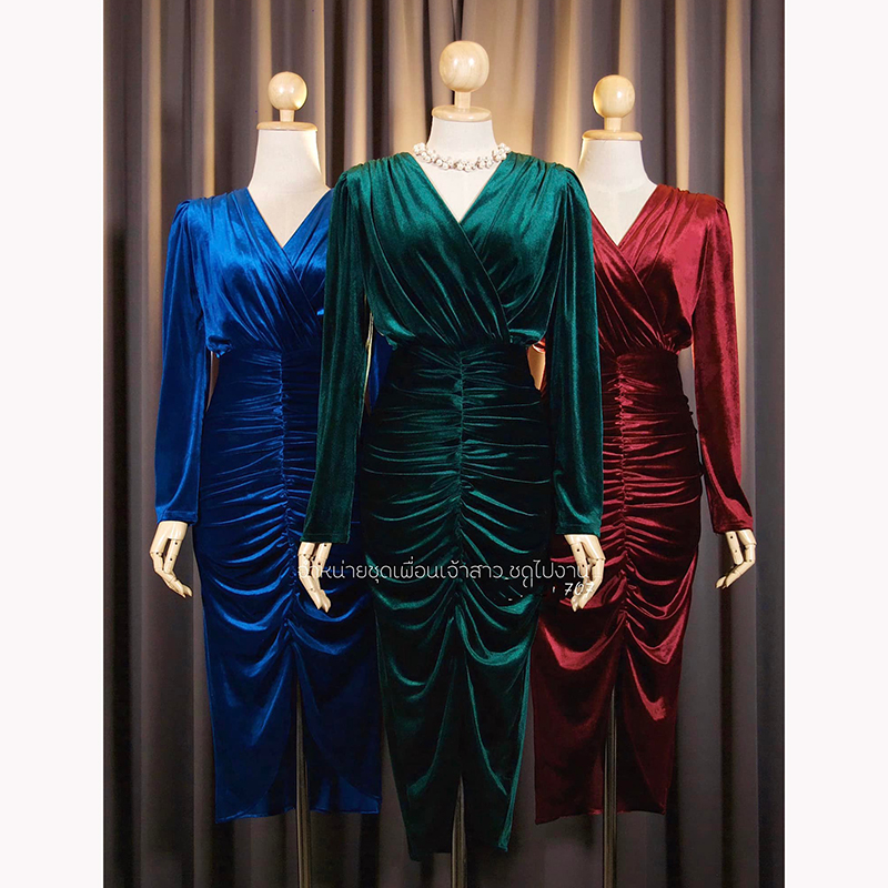 kudapy เดรสยาวสีน้ำเงิน แดงเบอร์กันดี เขียวเข้ม กำมะหยี่แขนยาว ทรงคอวี ใส่แล้วดูเพรียว กระโปรงทรงทิวลิปยาว จับจีบย่นกลาง พรางหน้าท้อง