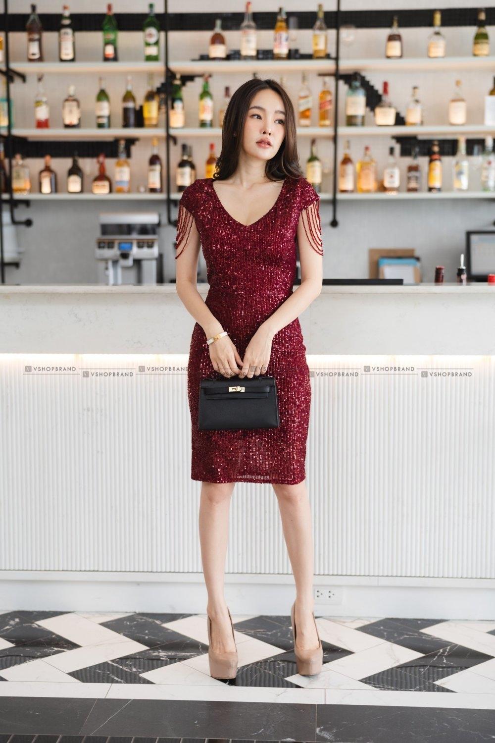 kudapy ชุดเดรสกลิตเตอร์สีโรสโกลด์/สีแดง งานเริ่ดมากกกค่ะ ใช้ซับผ้าวาเลนติโน