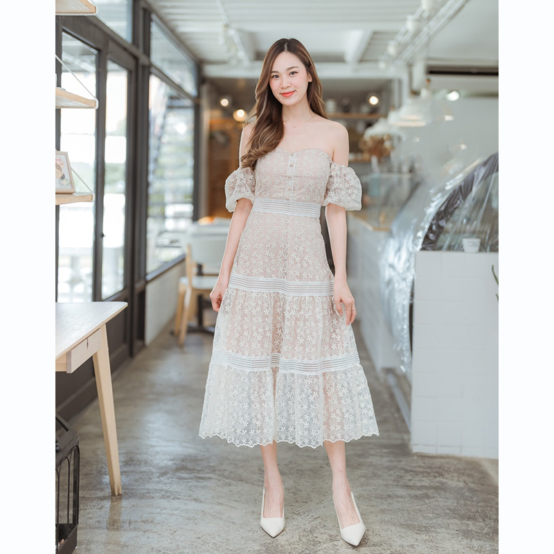 kudapy เดรสยาวเปิดไหล่สีชมพู/สีขาว ลูกไม้ออกงานเปิดไหล่สวยดูดี