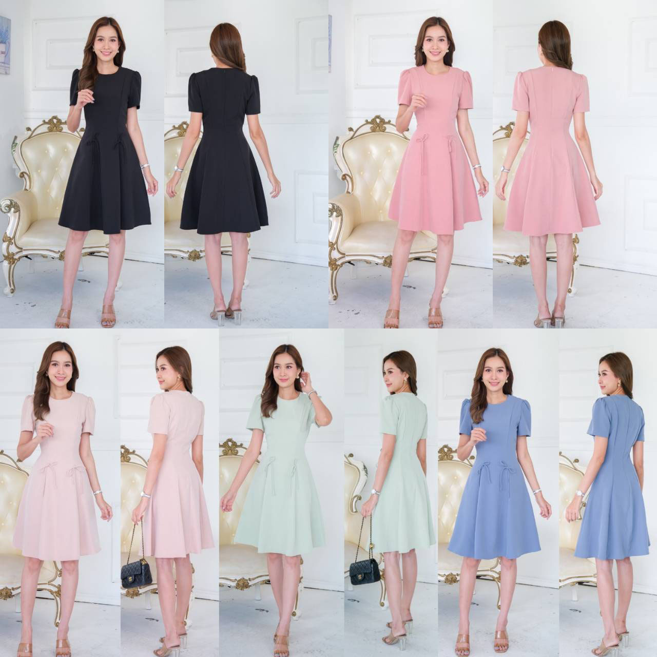 kudapy เดรสสั้นสีฟ้า/สีดำ/สีเขียวมิ้น/สีชมพูเข้ม/สีครีมนู๊ด คอกลม แขนสั้นบ่าจับจีบ เย็บตีเกร็ดช่วงเอว แต่งโบว์จิ๋ว