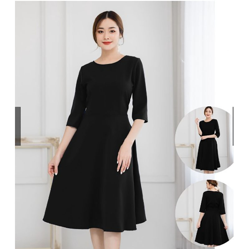 kudapy เดรสสั้นสีดำ ทรงบาน เสื้อคอกลม แขนห้าส่วน ทรงขายดี สวยสง่า สวยลงตัว ลุคนี้ดูแพง