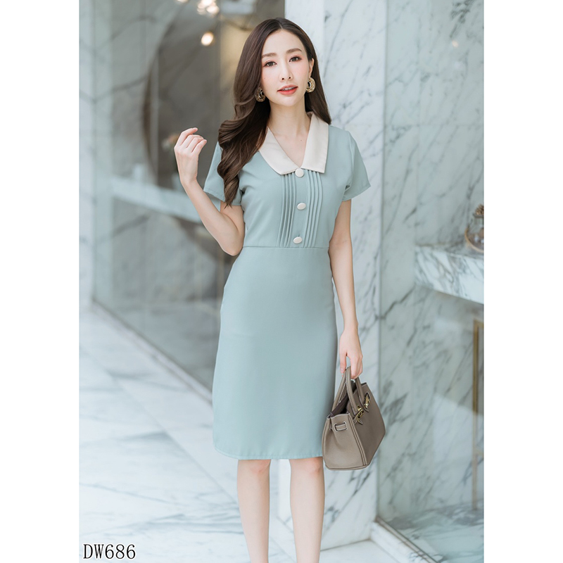 kudapy เดรสสั้นสีเขียว คอปกจีบอกเนื้อผ้าดีใส่สบาย