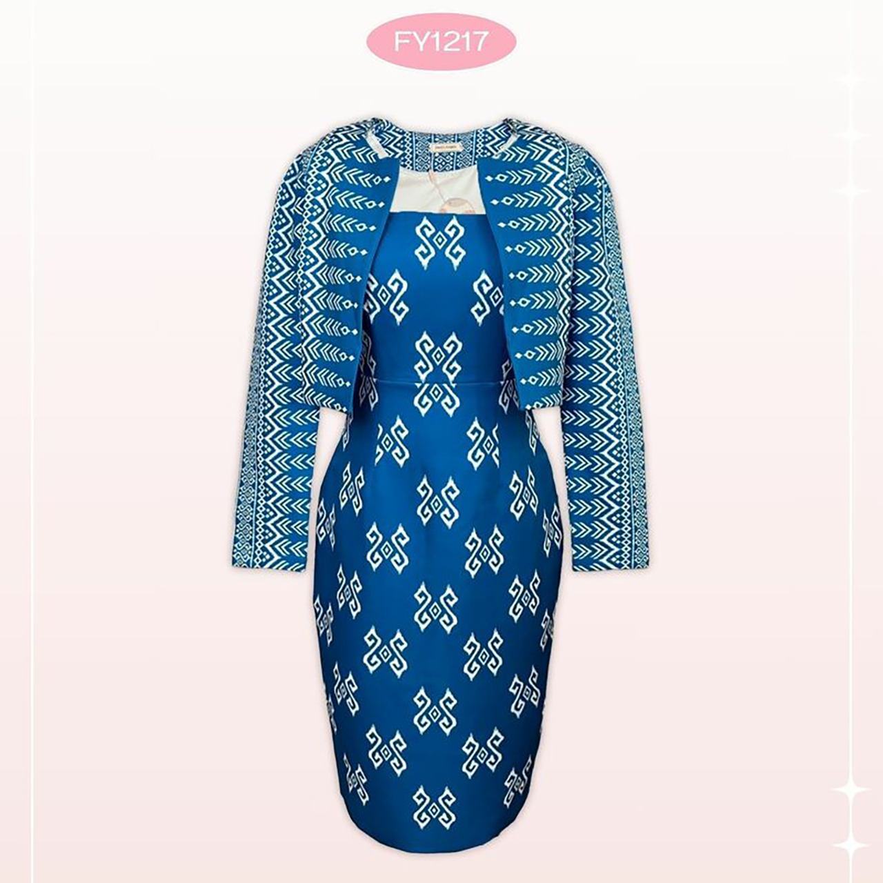 kudapy ชุดเซ็ทสีฟ้า เดรสแขนกุด+เสื้อคลุมแขนยาวลายไทย ใส่ออกงาน