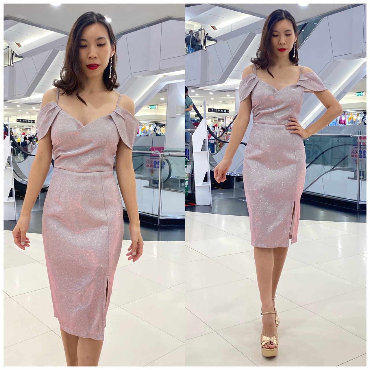 kudap เดรสสั้นไปงานผ้ากริสเตอร์ สีม่วง ,สีชมพู ,สีทอง สายเดี่ยวเปิดบ่า ทรงคิมเบอร์รี่ เดรสช่วงอกป้ายไขว้ จับจีบ กระโปรงสอบ ผ่าหลัง