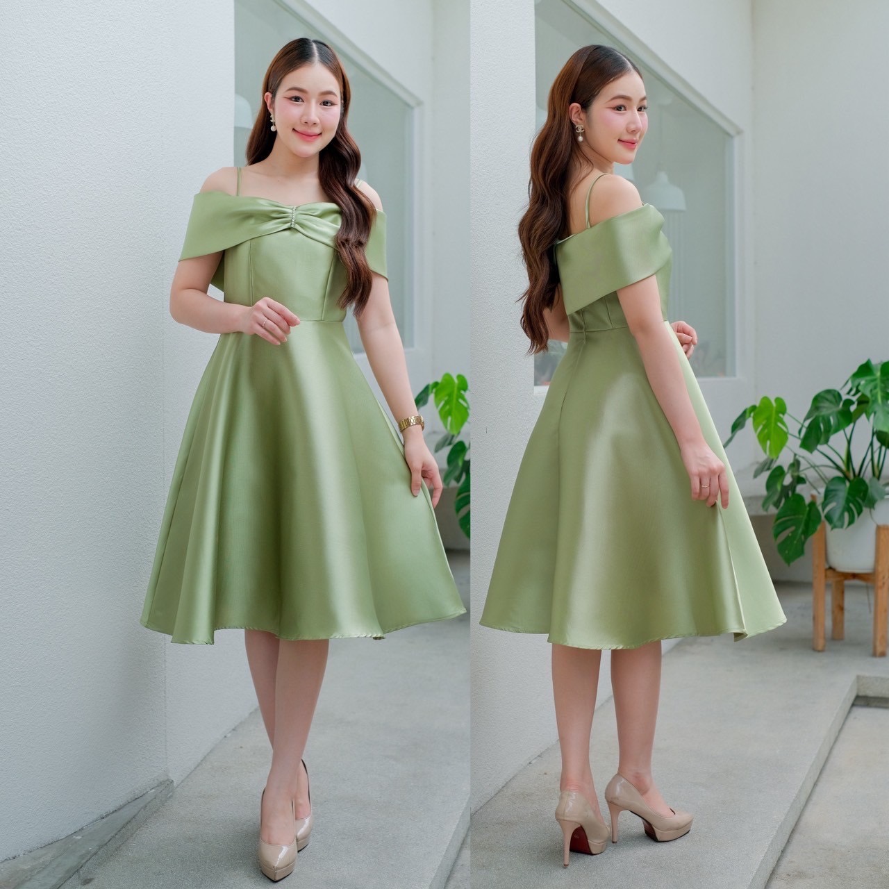 kudapy เดรสสั้น สายเดี่ยวเปิดบ่า แต่งจีบโบว์ประดับอัญมณีเม็ดโต ซิบหลัง