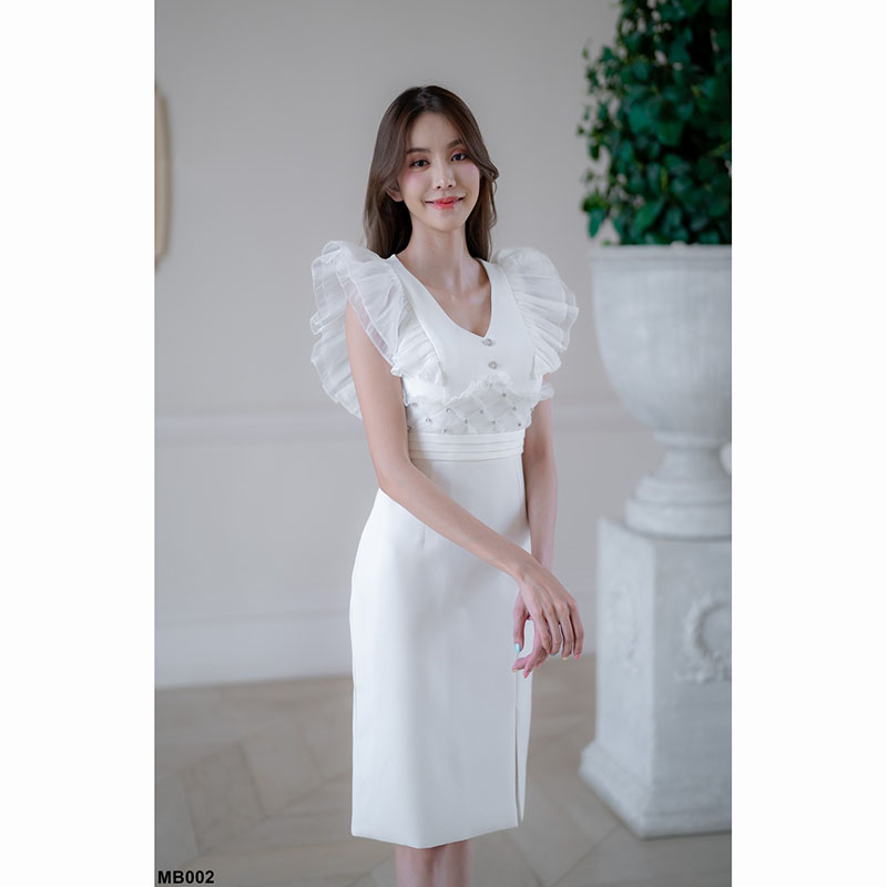 kudapy เดรสสั้นสีขาว/สีดำ/สีชมพู/สีแดง ทรงเข้ารูป แขนกุด ดีเทลอัดผ้าซีฟองช่วงแขน