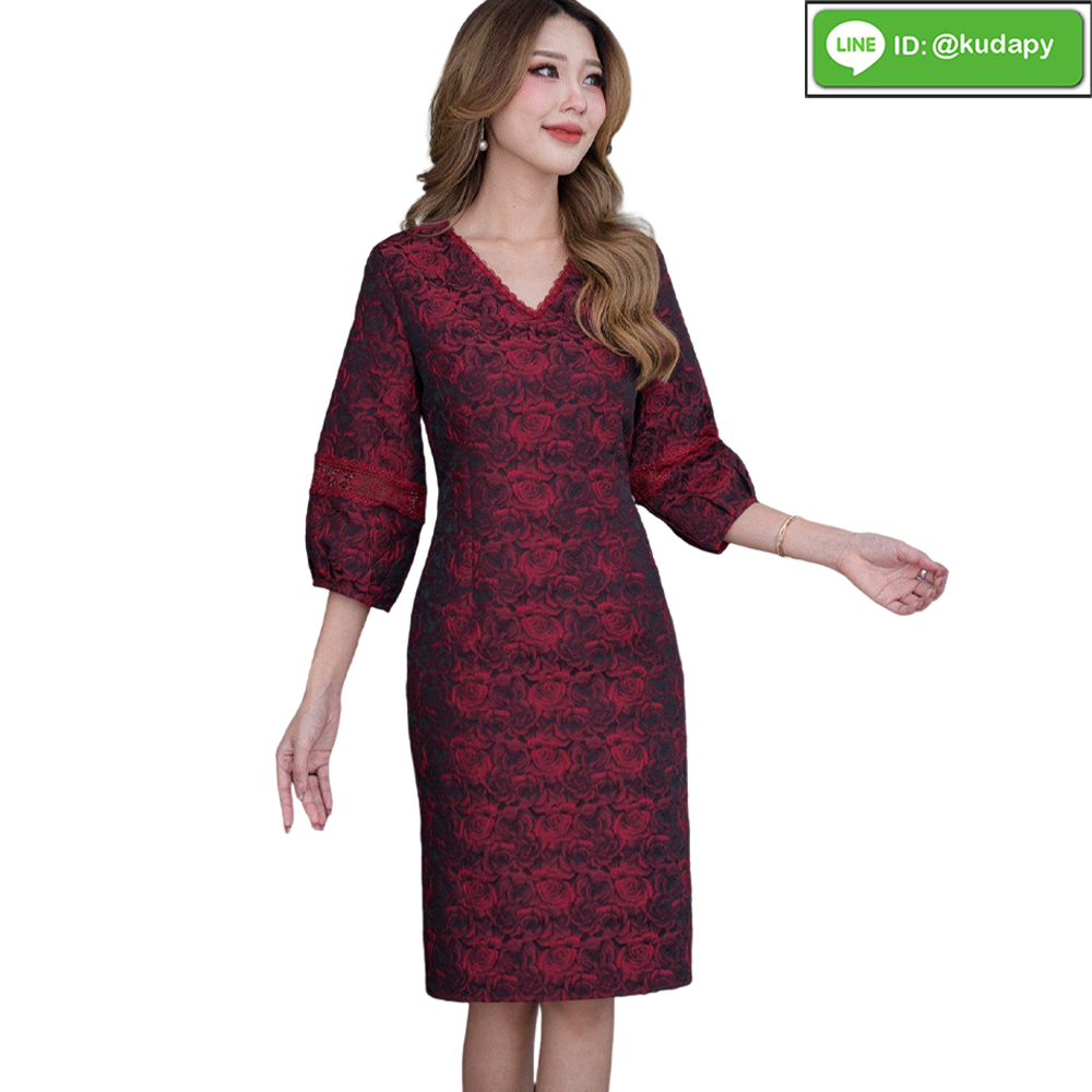 kudapy เดรสสั้นทรงเอลายกุหลาบดอกใหญ่ สีเทากรม สีดำแดง เดรสคอวี แขนสั้นสามส่วนทรงพองน่ารักสุดๆ