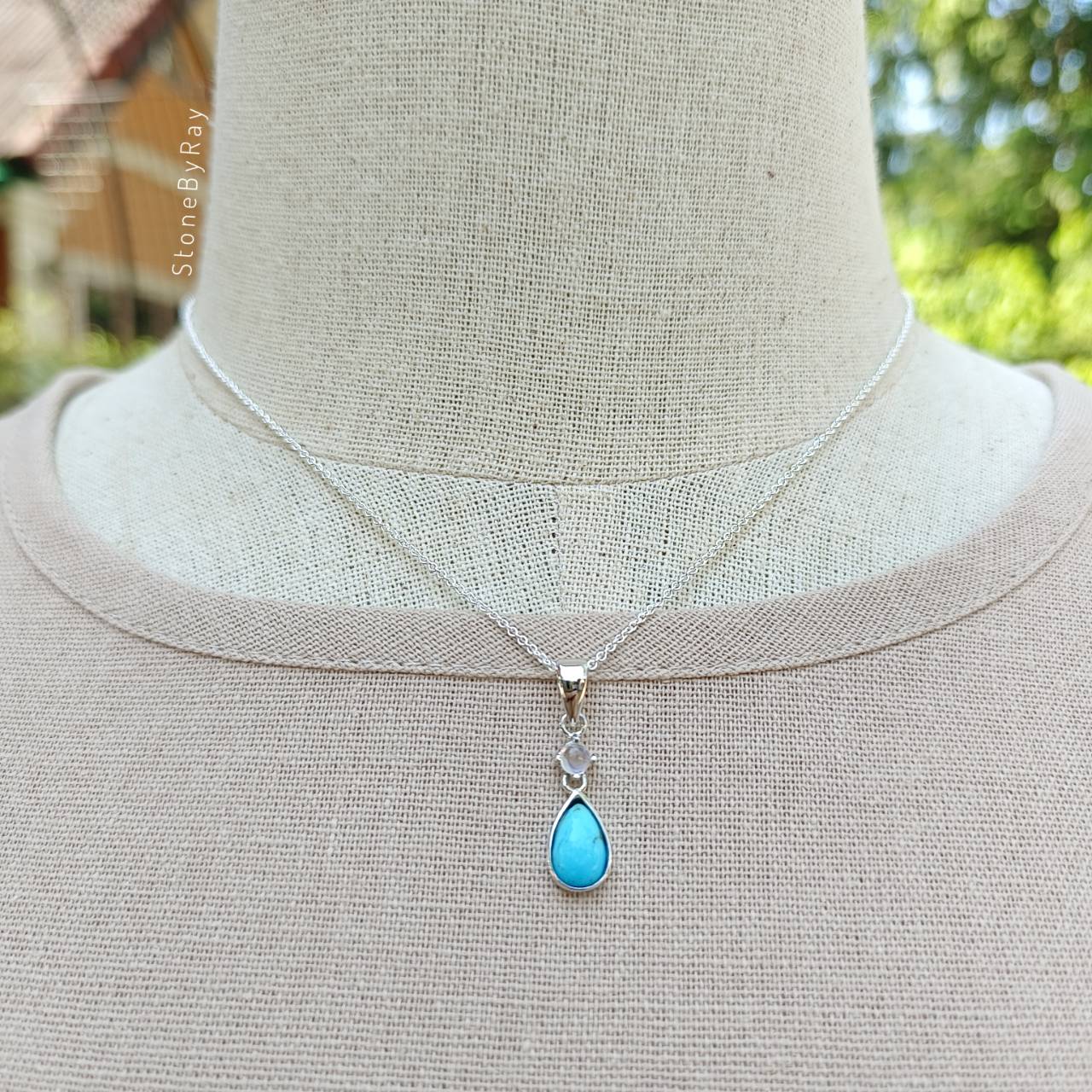 สร้อยคอเงินจี้หินเทอร์ควอยส์ดีไซน์กับหินมูนสโตน Turquoise+Moonstone