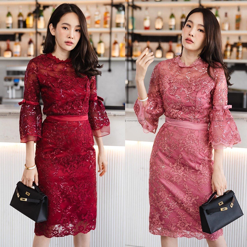 kudapy ชุดไทยประยุกต์ ชุดไปงานบวชสีชมพู/สีแดง เซตเสื้อลูกไม้