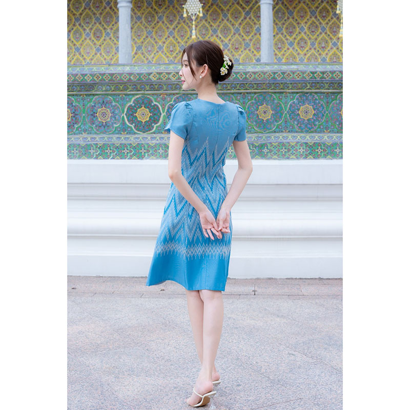 kudapy เดรสสั้นสีฟ้า/สีเหลือง ผ้าทอแขนกลีบบัว ผ้าลายไหย ใส่ทำงานสวยดูดี
