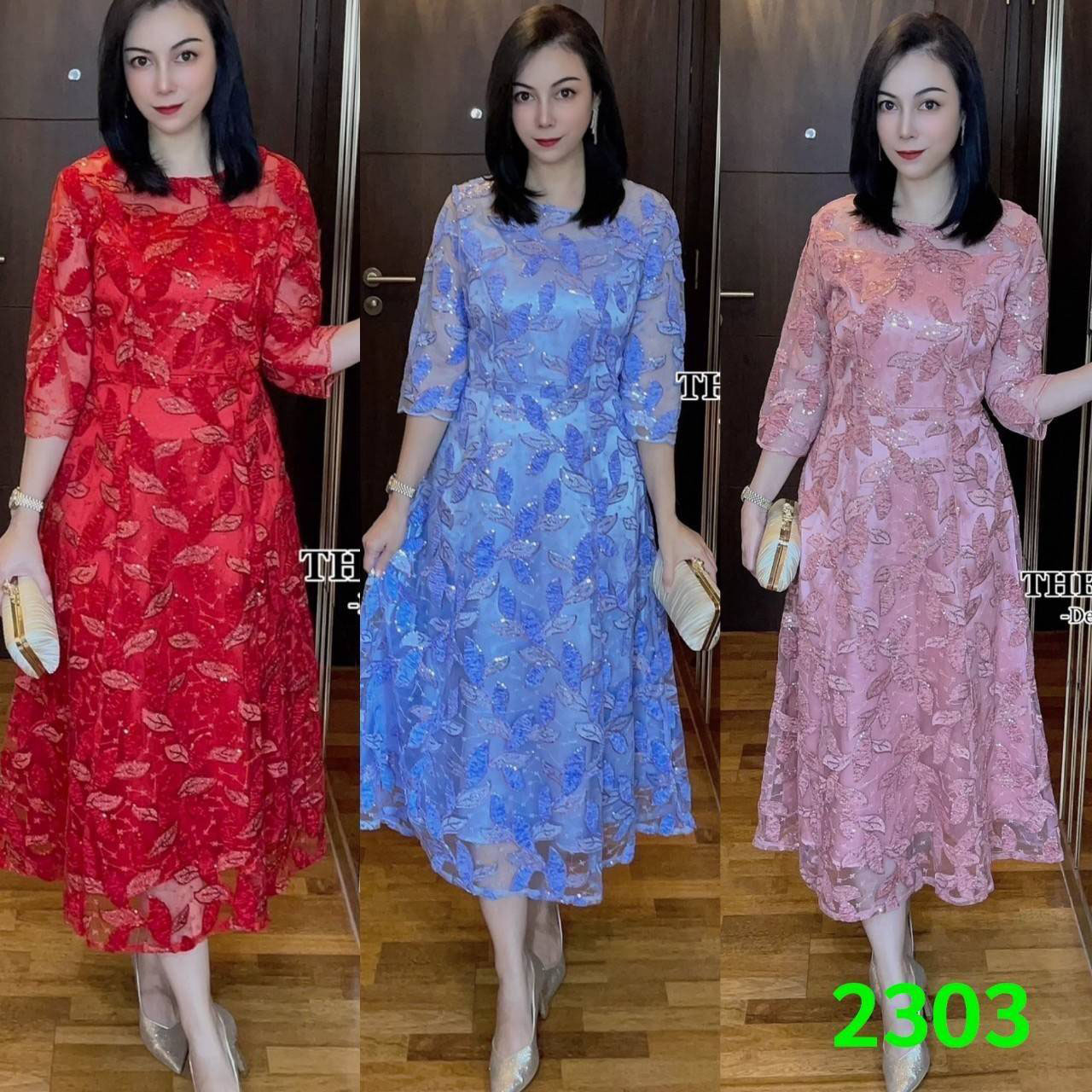 kudapy เดรสยาวออกงานปักเลื่อม ใช้ผ้าเนื้อดีปักลวดลายใบไม้ ปักเพิ่มเติมขอบด้วยเลื่อมเน้นลายชัด