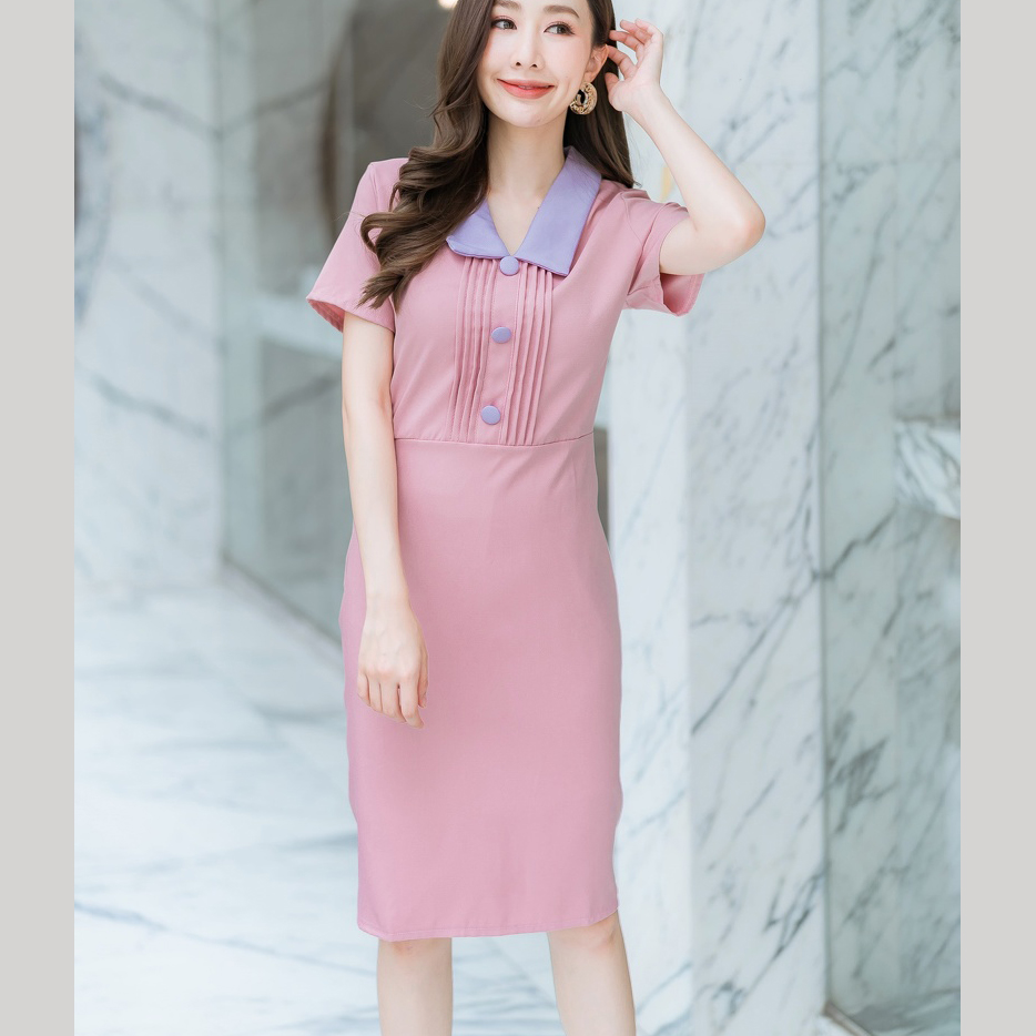 kudapy เดรสสั้นสีเขียว คอปกจีบอกเนื้อผ้าดีใส่สบาย