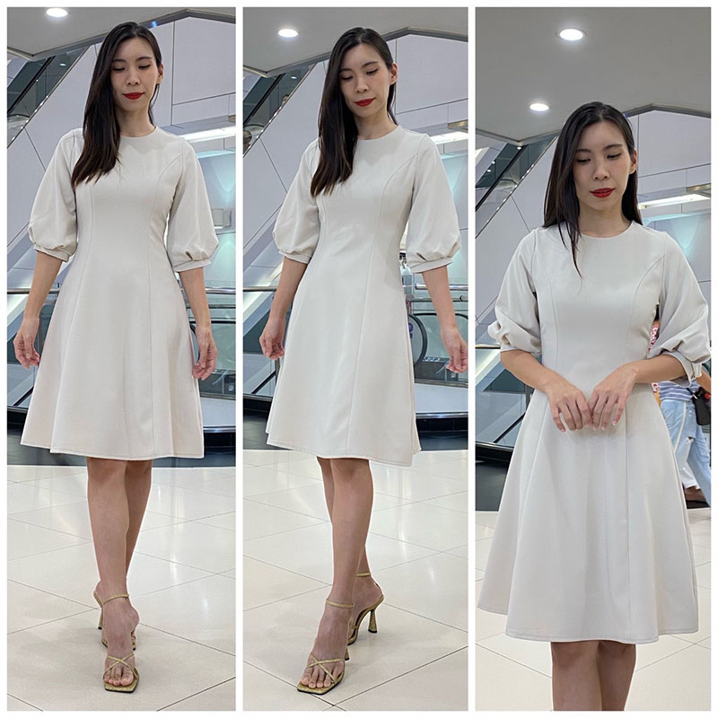 kudapy เดรสสั้นสีชมพูเข้ม/สีครีมเบจ/สีชาไทย คอกลม แขนสามส่วน ปลายแขนจีบบอลลูน ช่วงตัวตีเกร็ดเอว เข้ารูป กระโปรงบาน พรางสะโพก ซิปหลัง ใส่ง่าย