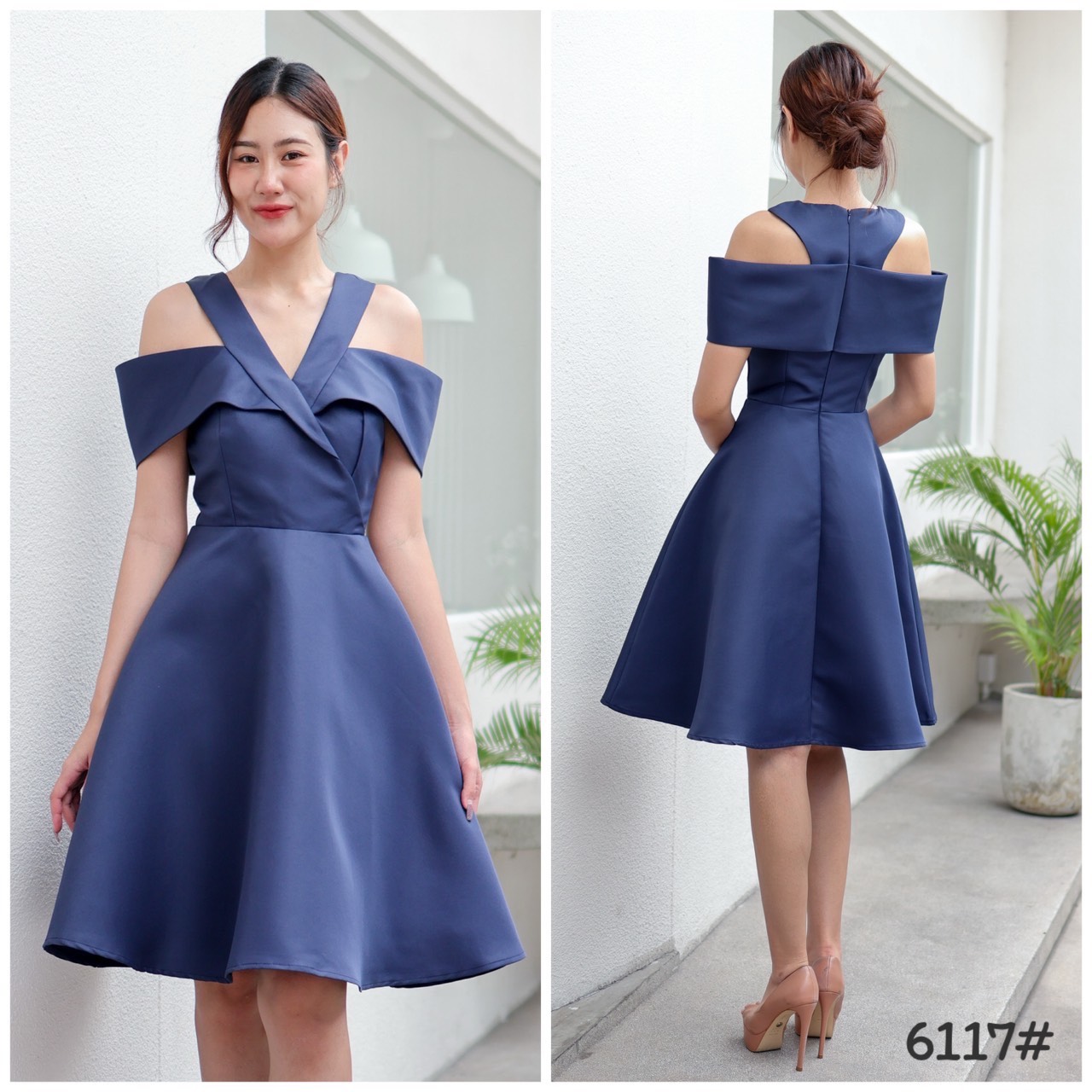 kudapy เดรสเปิดบ่า คัตติ้งคอสูท เก๋เวอร์ กระโปรงบาน เอวสูง เนื้อผ้าโพลีเอสเตอร์ เนื้อด้านไม่เงา ผ้าค่อนข้างแข็งอยู่ทรง