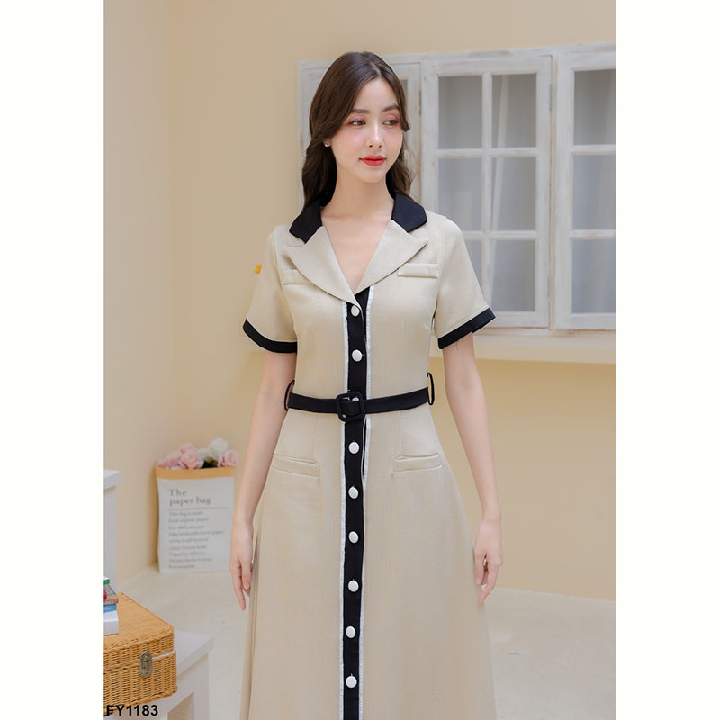 kudapy เดรสยาวสีชมพู/สีครีม/สีดำ เนื้อผ้าอย่างดี มาในทรงคลาสสิคที่ใส่ได้ตลอด สไตล์ติดกระดุมหน้า สีโทนสุภาพแต่งคอปกสุดชิค