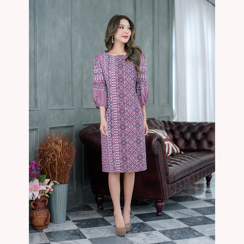 kudapy เดรสสั้นสีน้ำเงิน/สีม่วงกะปิ พิมพ์ลายไทย งานเนื้อผ้านิ่มใส่สบายค่ะ ใส่ทดแทนผ้าไทยเนื้อจะเบาไม่อึดอัด