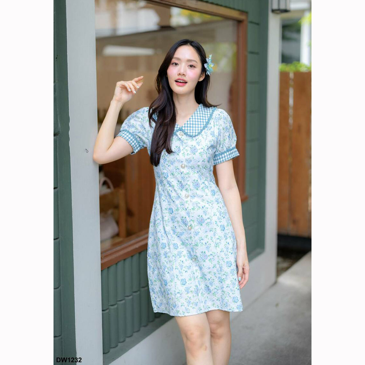 kudapy เดรสสั้นสีฟ้า/สีม่วง ผ้าฉลุคอบัวลายสก๊อต ใส่สบายสวยดูดี